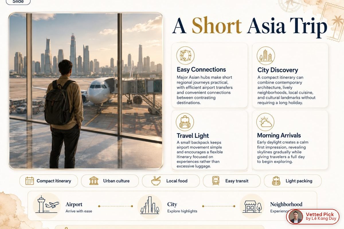 Traveler with backpack at an airport window overlooking an Asian city